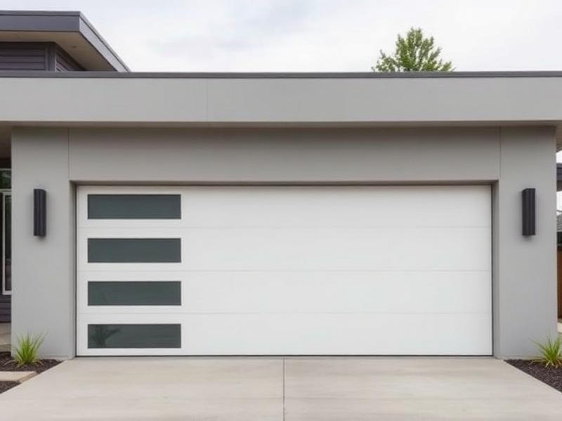 Modern fiberglass garage door with horizontal lines on contemporary home