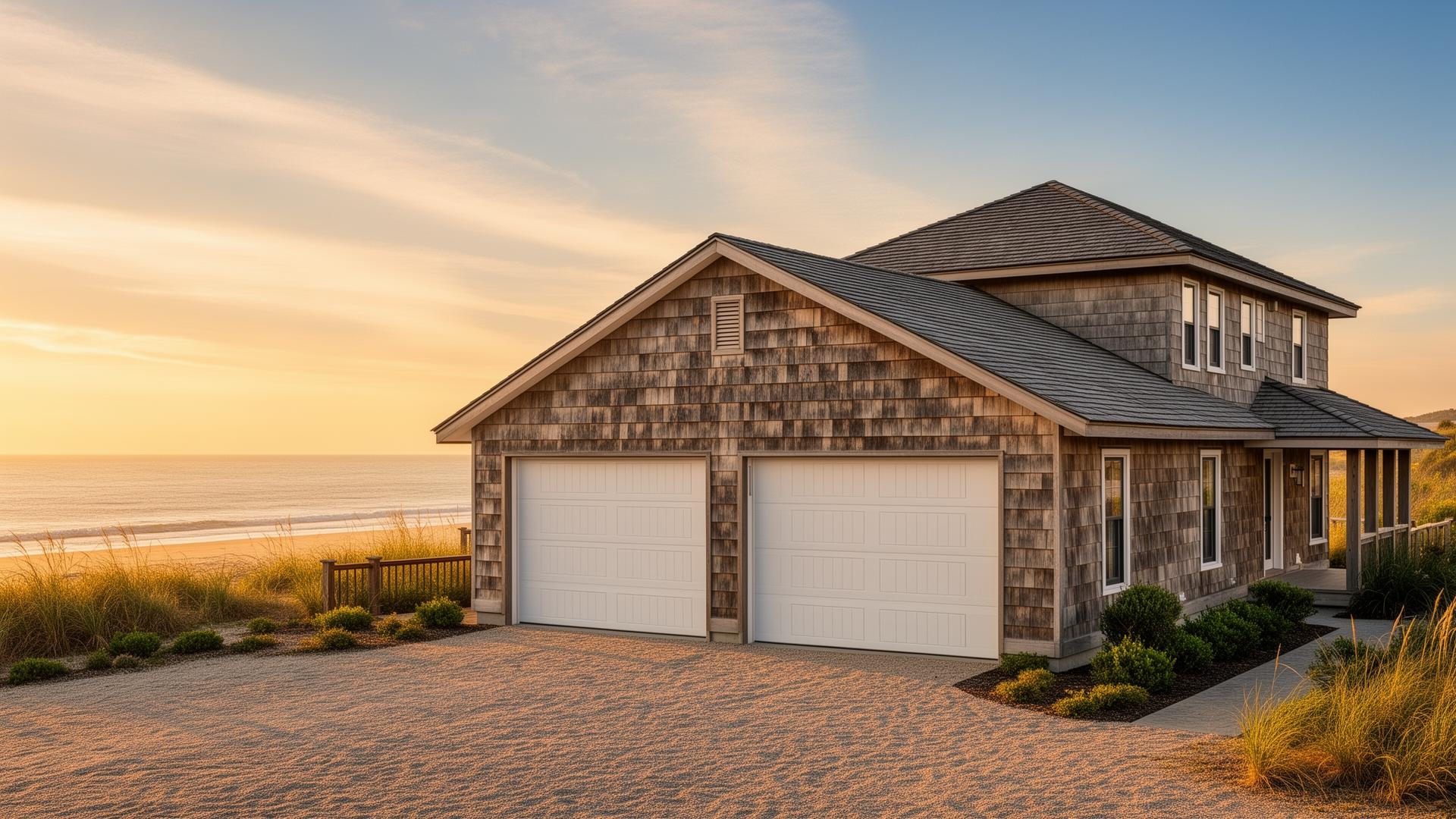 Coastal beach house with ranch style garage doors installed by Garage Door Ridgefield